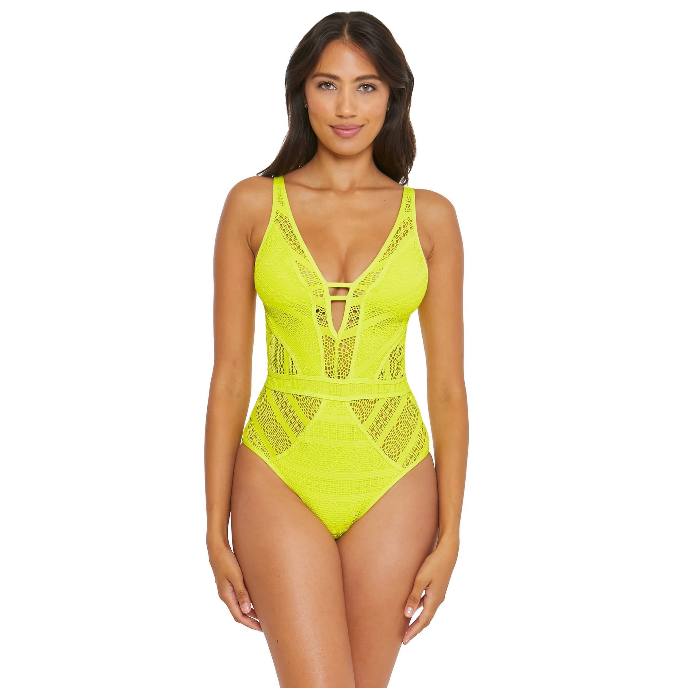 Becca By Rebecca Virtue Color Play Crochet Plunge One-Piece High Leg Medium Nwt